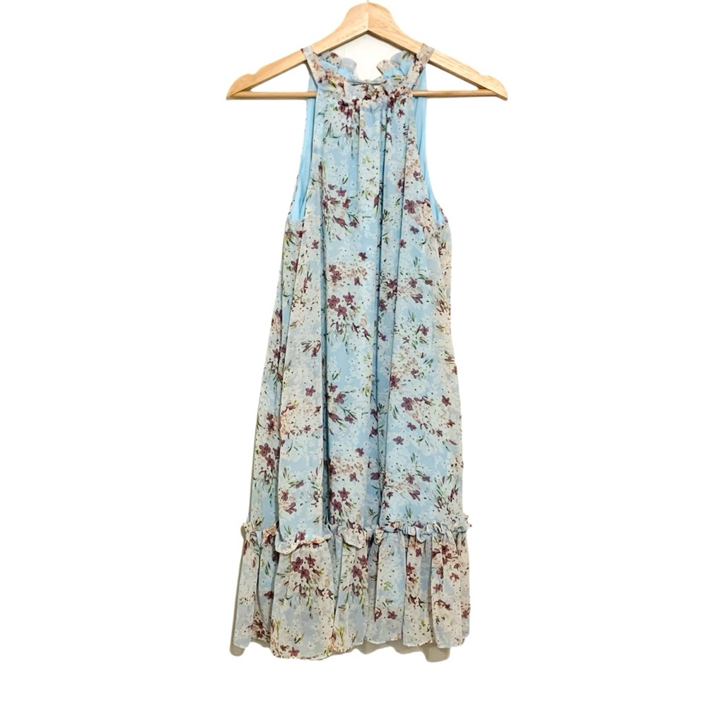 BCBGeneration Blue and Brown Floral Halter Dress Size XS Ruffle Hem Ties at Neck